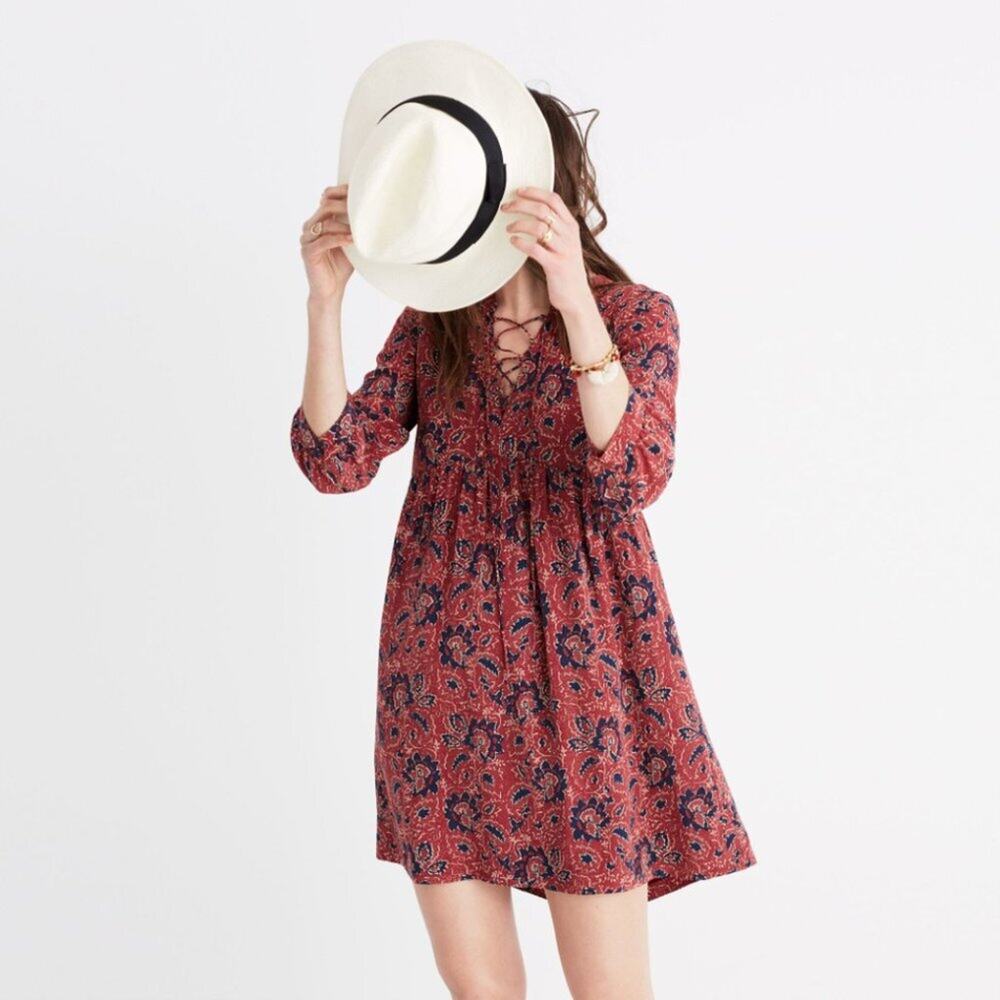 Madewell Silk Lace-Up Dress in Red Assam Floral
